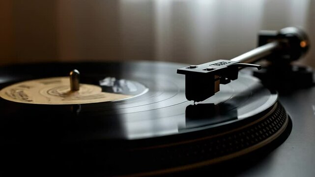 Vintage vinyl record player with spinning record on turntable  