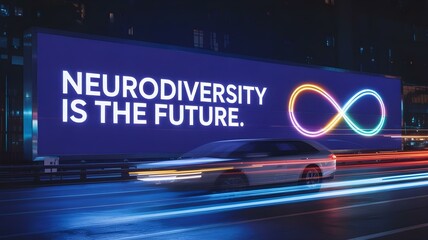 Night cityscape showcasing a glowing billboard that reads the quote “Neurodiversity is the future” in bold white text on deep blue, beside a neon infinity symbol.