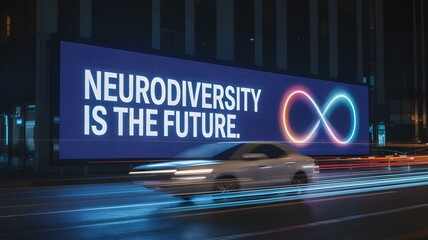 Night cityscape showcasing a glowing billboard that reads the quote “Neurodiversity is the future” in bold white text on deep blue, beside a neon infinity symbol.