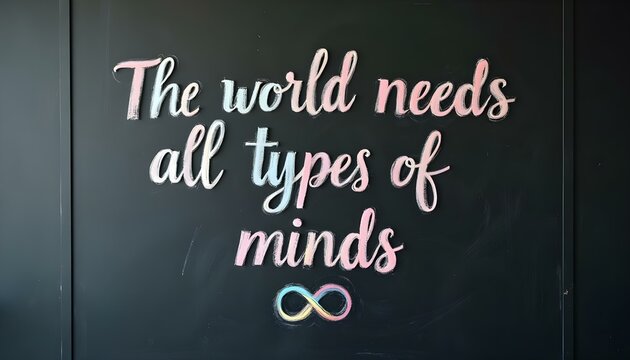 Pastel chalk quote “The world needs all types of minds” written in elegant cursive on a black classroom chalkboard, with a small white infinity symbol below.