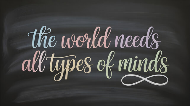 Pastel chalk quote “The world needs all types of minds” written in elegant cursive on a black classroom chalkboard, with a small white infinity symbol below.