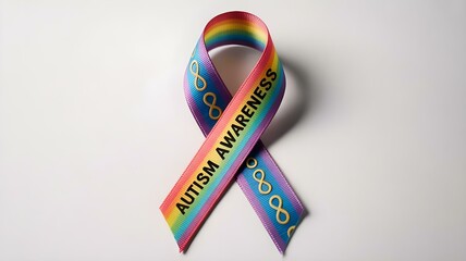 A satin awareness ribbon patterned in rainbow gradient with tiny infinity symbols is looped in traditional form, embossed with the quote “Autism Awareness” in gold foil.