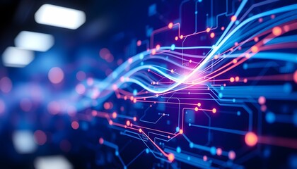 Abstract digital circuit board design with glowing lines and points.