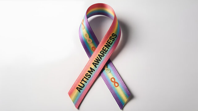 A satin awareness ribbon patterned in rainbow gradient with tiny infinity symbols is looped in traditional form, embossed with the quote “Autism Awareness” in gold foil.