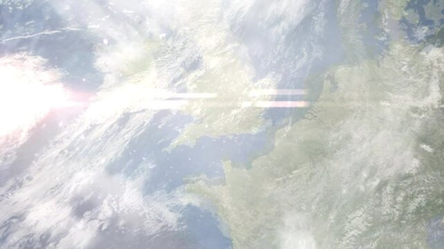 Earth zoom in from space and focus on Amesbury, England, South West England, Great Britain. Background for travel intro or blog. Satellite view. 3D style Animation. Images from NASA.