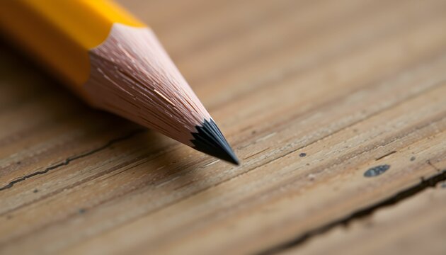 Close-up of a sharpened yellow pencil point resting on a textured wooden surface.