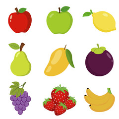 This image is a colorful illustration of nine different fruits arranged in a 3x3 grid on a white background