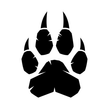 Black silhouette of a paw print with sharp claws, isolated on a white background.