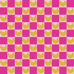 This image features a lively, colorful fruit-themed pattern arranged in a checkerboard layout.