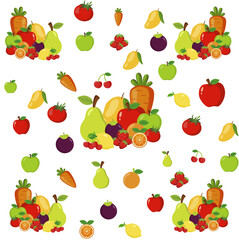 This image displays a playful and colorful seamless pattern featuring a variety of cartoon-style fruits and vegetables scattered across a white background