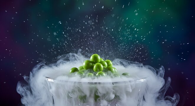 Green Peas in Glass Bowl with Dramatic Smoke and Water Droplets