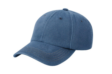 Fototapeta premium Blue denim baseball cap resting on transparent surface, highlighting casual sportswear design with clean minimalist presentation