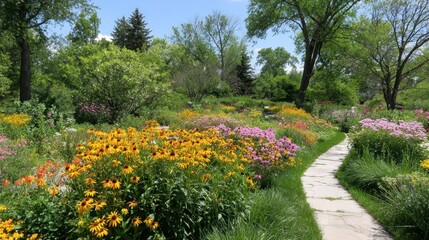 Butterfly garden with pollinator-friendly flowers and neatly edged grassy paths