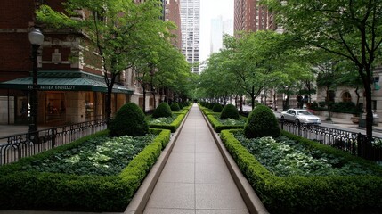 Clean and minimal hotel walkway lined with symmetrical garden beds and low hedges