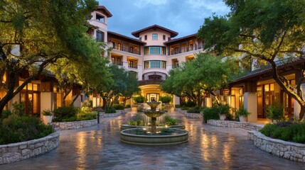 Elegant resort building with curved architecture, fountain courtyard, and manicured gardens