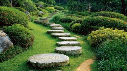 Garden path with circular stepping stones placed among low grass and ornamental shrubs