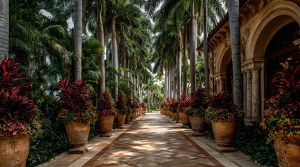 Garden walkway lined with tall ornamental plants and stone tiles in geometric shapes