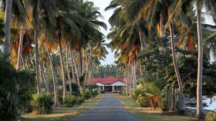 Naklejka premium Long driveway lined with coconut palms leading to a beach resort with open lobby