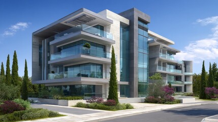 Modern resort exterior with glass balconies, clean lines, and landscaped front garden