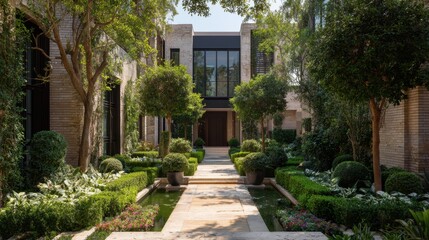 Path between symmetrical bushes leading to a large entryway of modern residence