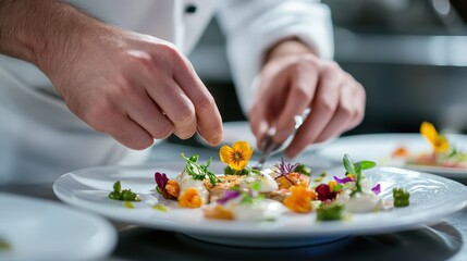 A chef carefully places flowers on a decorated dish for serving