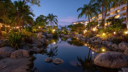Twilight shot of a romantic resort hotel with lights reflecting in garden pool