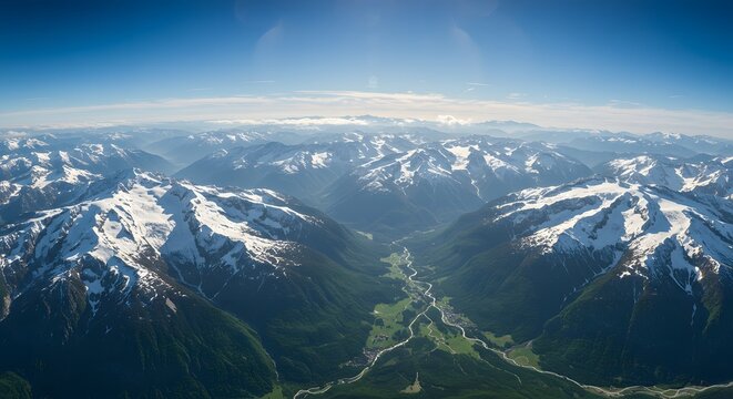 Alpine Valley Aerial View - Green Forest, Snowy Peaks, and Panoramic Mountain Landscape for Adventure Travel and Outdoor Scenery Inspiration