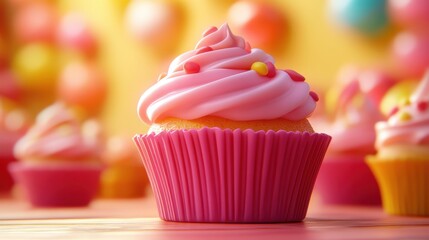 Close up of a single cupcake with pink frosting