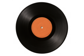 Spinning vinyl record with bright orange label, showcasing retro music aesthetics against transparent background