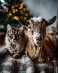 Fototapeta premium Serenity of companionship between a goat kid and a long-haired cat beside a softly lit Christmas tree