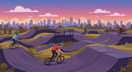 Obraz premium Pump Track Riders in Urban Landscape at Sunset for Sports Blogs, Health Articles, Adventure Websites, and Social Media Posts