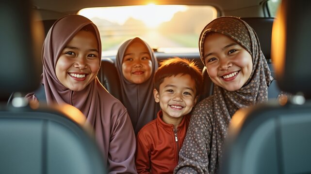 Asian Muslim family ready to mudik or travel to hometown by car. Concept of Eid Al Fitr, Idul Fitri, Lebaran, and Ramadan Mubarak celebration
