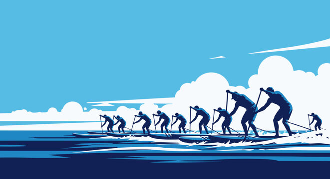 Stand-Up Paddleboard Race Illustration with Multiple Athletes on Ocean Waves for Sports Blogs, Fitness Websites, Outdoor Activities, and Event Promotion