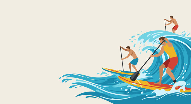 Stand-Up Paddleboard Racers in Action on Dynamic Waves for Adventure Blogs, Sports Websites, Fitness Events, and Water Sports Promotion