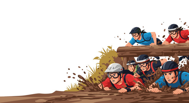 Obstacle Race Participants Crawling Through Mud Under Barrier for Sports Blogs, Fitness Websites, Adventure Event Promotions, and Team Challenge Awareness