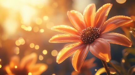 Fototapeta premium A beautiful golden orange flower with sparkling golden sunlight