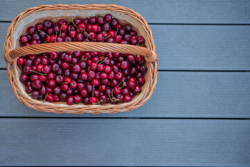Fresh ripe Red cherries in a rustic wicker basket