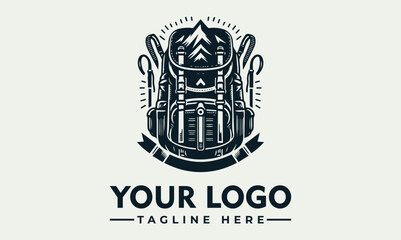 Vintage logo design of a mountaineering backpack, featuring mountain imagery and outdoor gear.