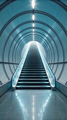Futuristic escalator ascending in a modern, curved tunnel with bright lights