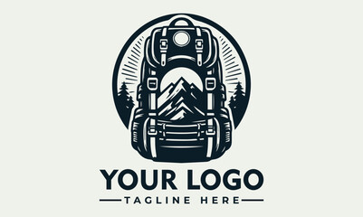A vintage-style logo featuring a backpack, mountains, and trees, ready for adventure.