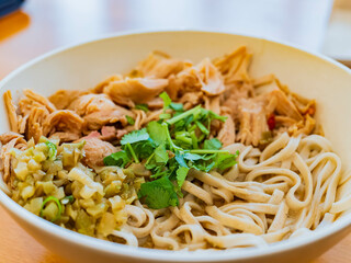 Close up shot of a delicious Chinese style noodle bowl
