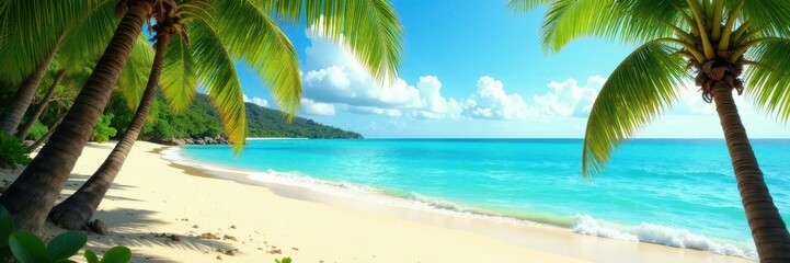 Golden sand, turquoise sea, lush palms; ample copy space , tropical island, warm