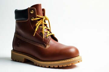 Sturdy brown boots with yellow brand tag & laces , travel, brown