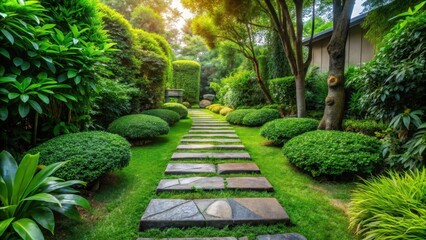 Serene garden pathway amidst lush greenery and neatly arranged stepping stones