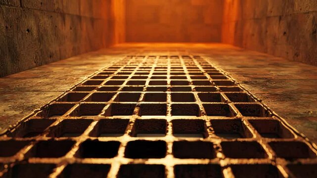 Grate viewed from below in a warm, illuminated corridor.