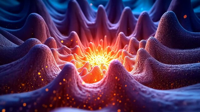 Mandala, pattern beauty, radiant symmetry. Visual harmony. Waves expand from central glow. Colors blend without abrupt change. Soft edges contribute to calmness.