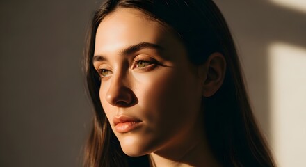 Fototapeta premium Portrait of a young woman with brown hair looking off to the side in soft golden light and shadow