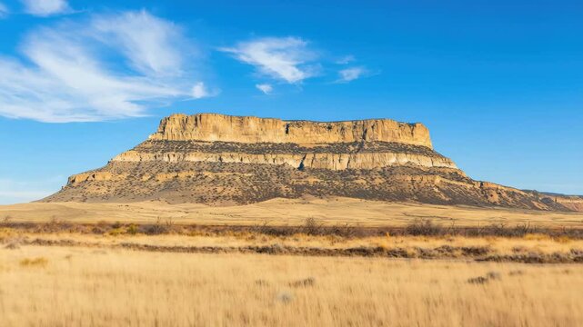 Majestic mesa under a clear blue sky in a vast landscape.