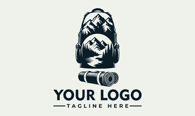 Vintage logo design featuring a backpack with a mountain landscape, and a rolled sleeping mat.