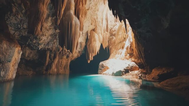Serene cave with stalactites and turquoise water reflection.